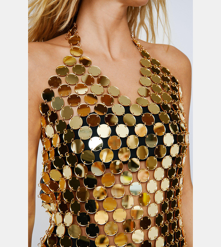 Buy Nasty Gal Disc Chainmail Sequin Halter Mini Dress In Gold | 6thstreet  Kuwait