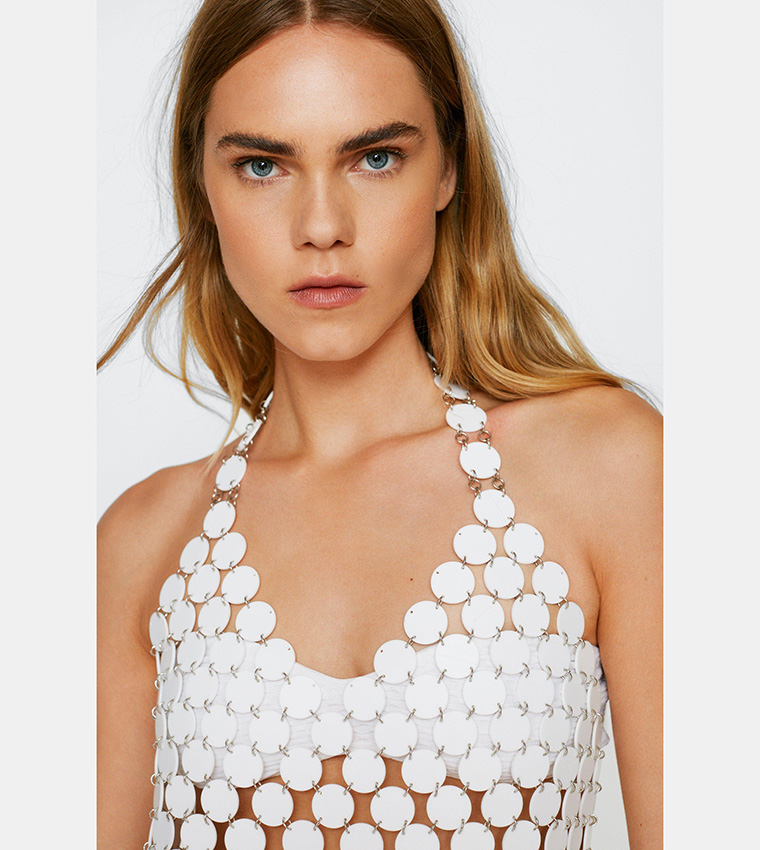 disc chainmail sequin halter mini dress Buy Nasty Gal In Pearl disc sequin dress