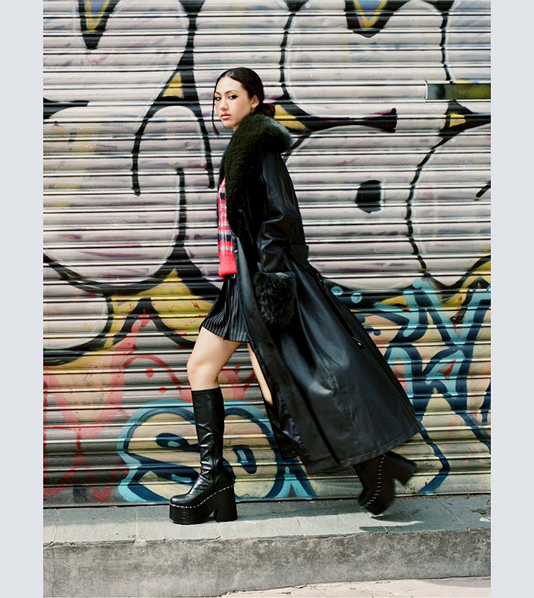 Buy Nasty Gal Plush Fur Trim Belted Faux Leather Coat In Black