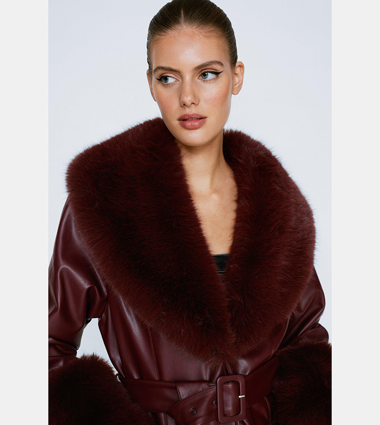 Fur trim belted coat best sale