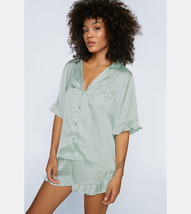 Buy Nasty Gal Satin Ruffle Short Pajama Set In Sage 6thStreet Qatar