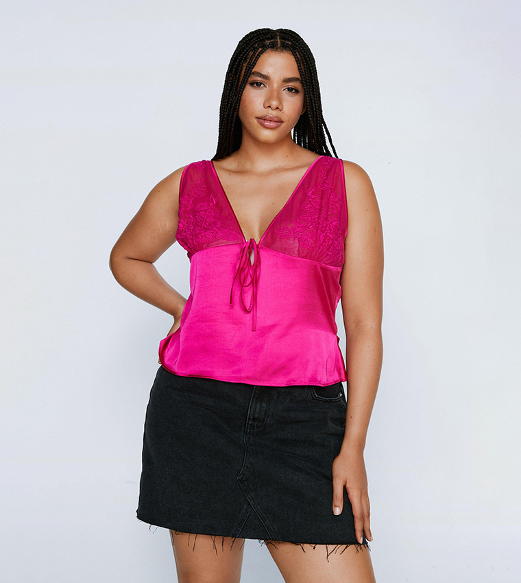Buy Nasty Gal Plus Size Lace Detail Satin Cami Top In Hot Pink