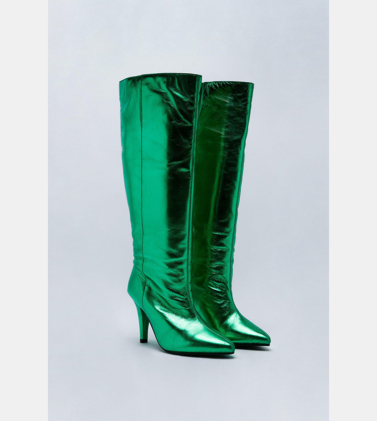 Green leather knee high boots best sale