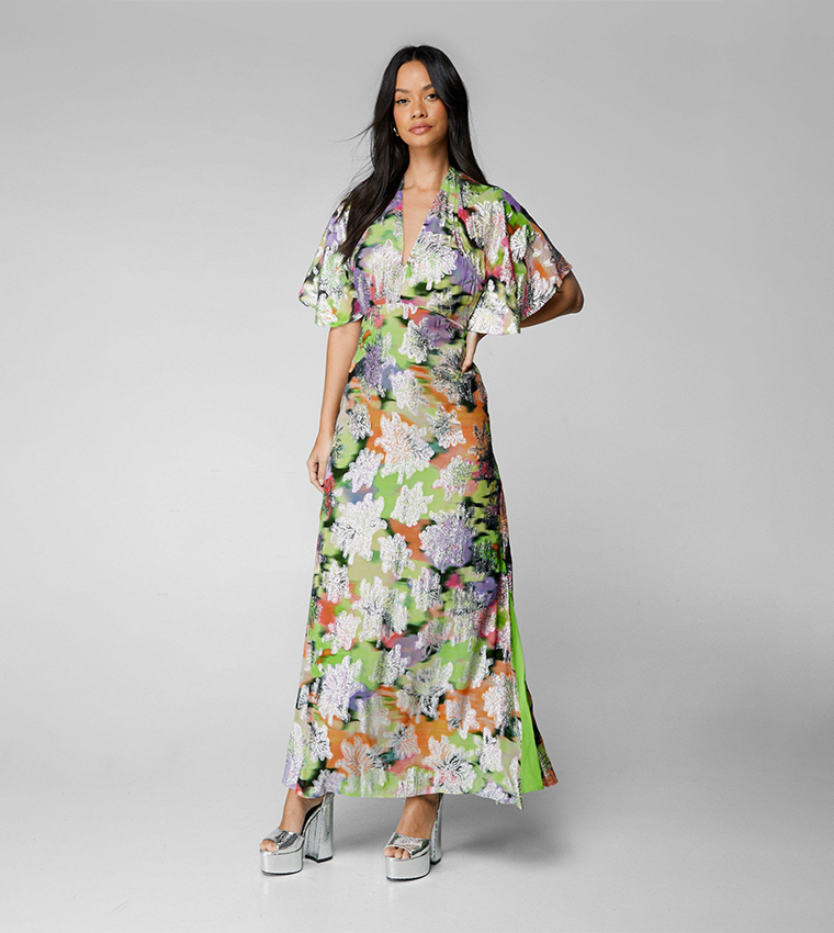 Buy Nasty Gal Metallic Floral Angel Sleeves Maxi Dress In Multiple ...