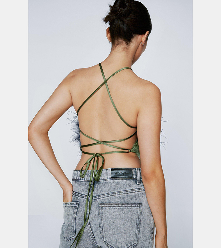 Buy Nasty Gal Petite Halterneck Feather Lace Up Back Top In Olive 6thStreet Bahrain