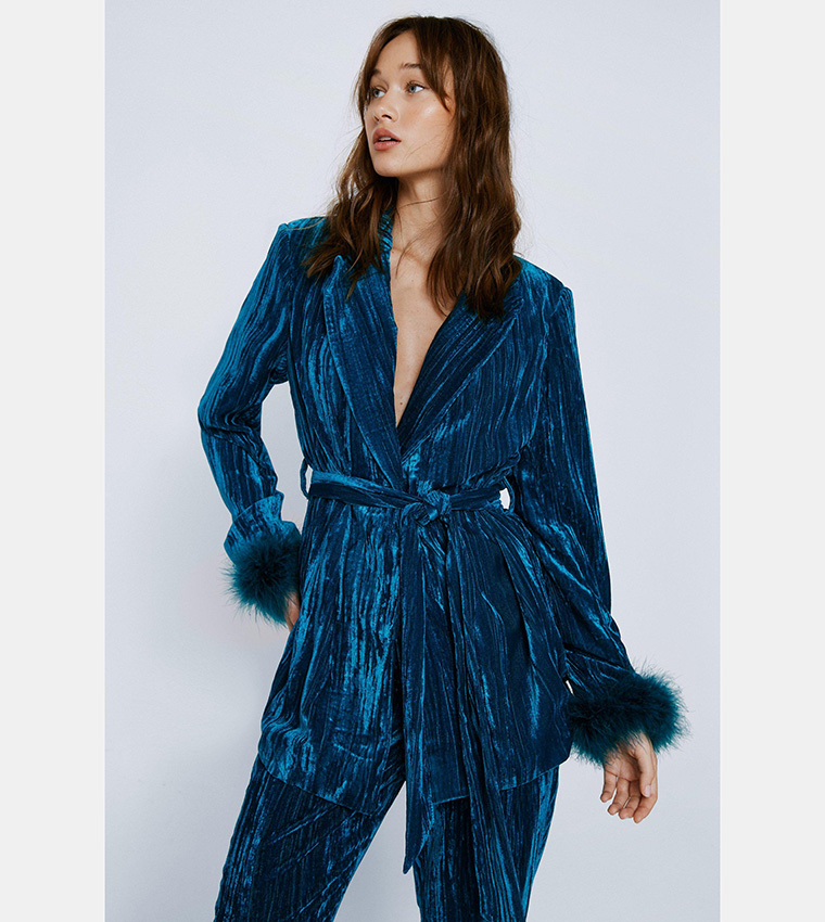 Buy Nasty Gal Premium Velvet Feather Cuff Tie Waist Blazer In Teal