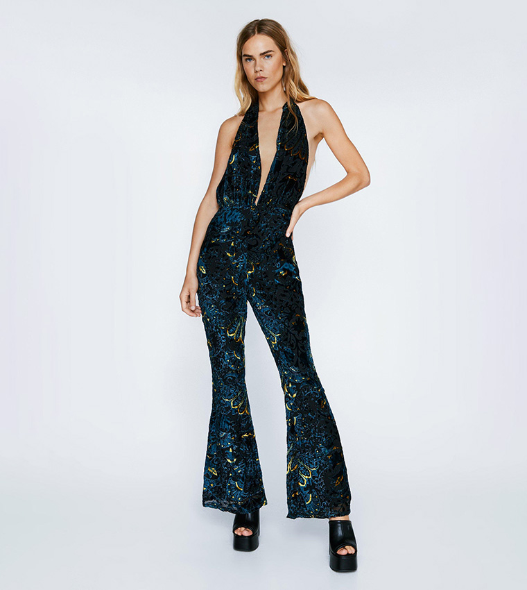 Buy Nasty Gal Floral Devore Halter Neck Flared Jumpsuit In Black 6thStreet Qatar