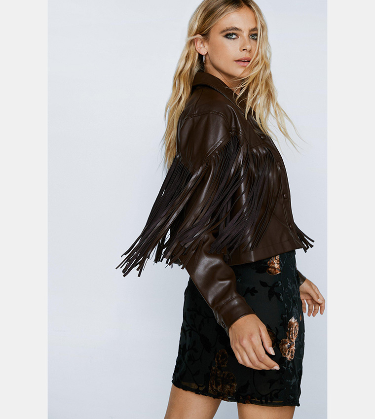 Buy Nasty Gal Faux Leather Fringed Western Jacket In CHOCOLATE
