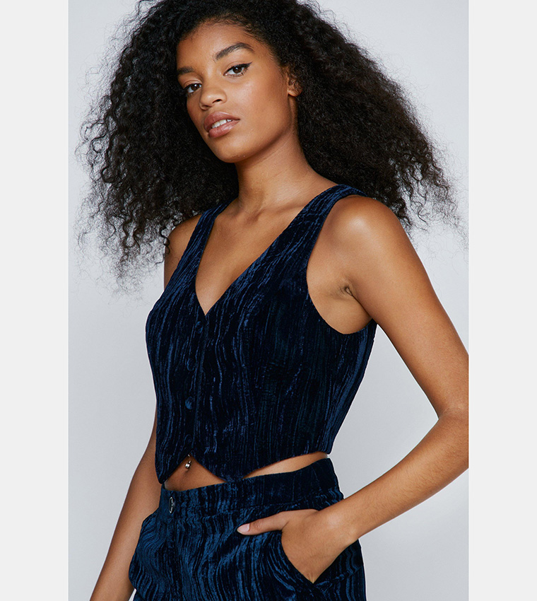 Buy Nasty Gal Premium Embroidered Velvet Vest In Dark Blue