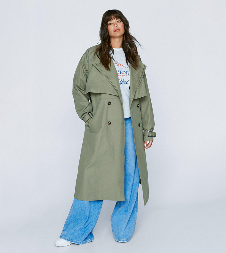 Buy Nasty Gal Plus Size Premium Double Layer Twill Trench Coat In Khaki 6thStreet Qatar