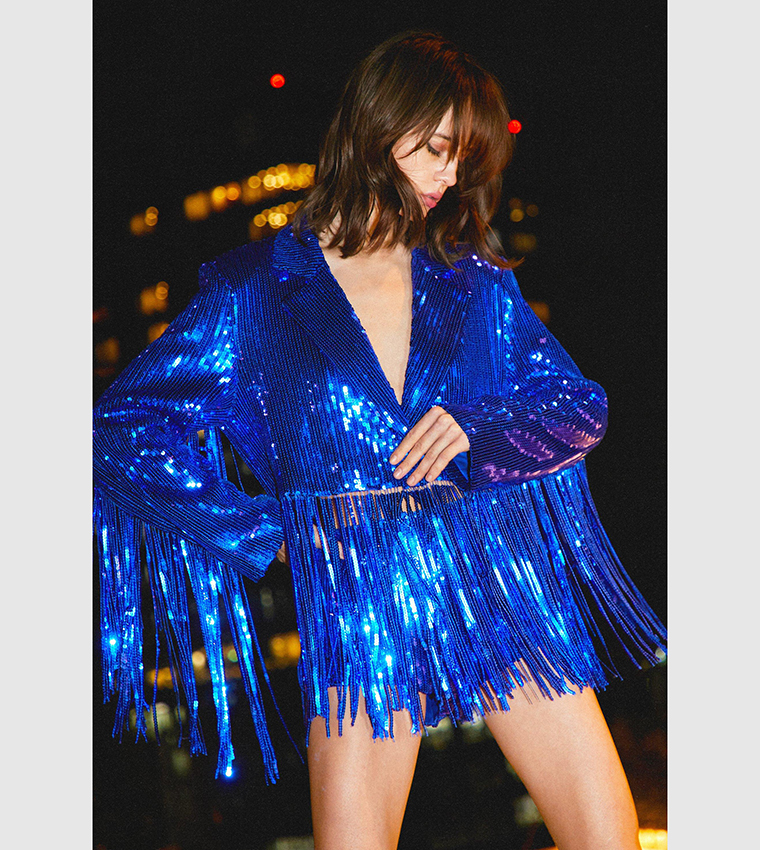 Cobalt blue fringe tailored blazer dress best sale