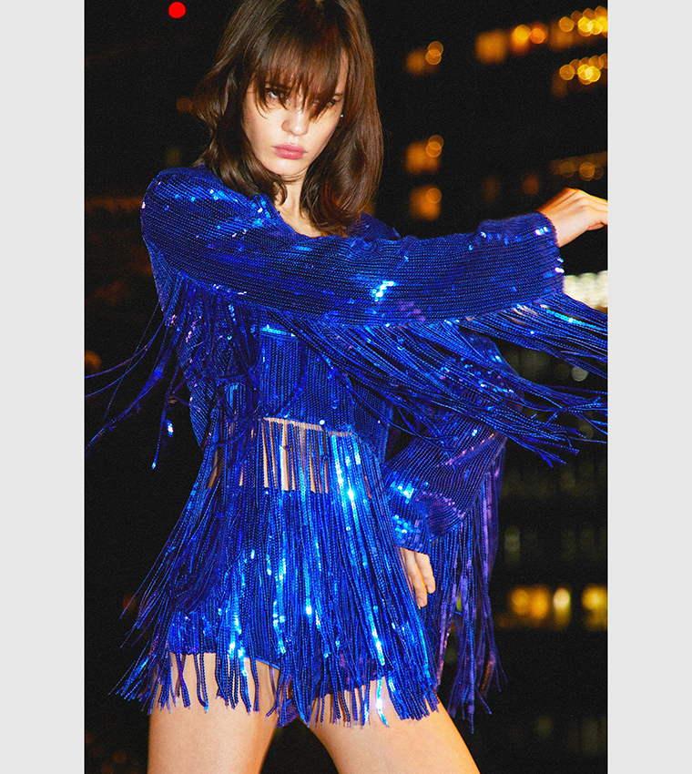 Buy Nasty Gal Sequin Tassel Trim Cropped Blazer In COBALT