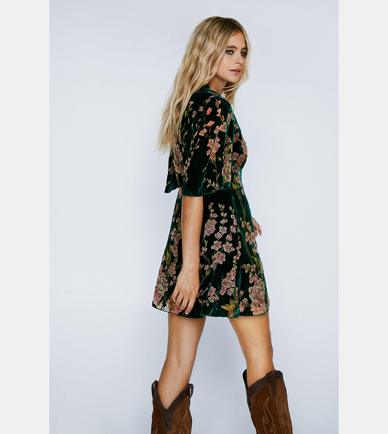 green emerald velvet dress Nasty Gal Floral Green Shirred Ruffle Smock Mini Skirt Women Size 6 Sm   Prima Bonita