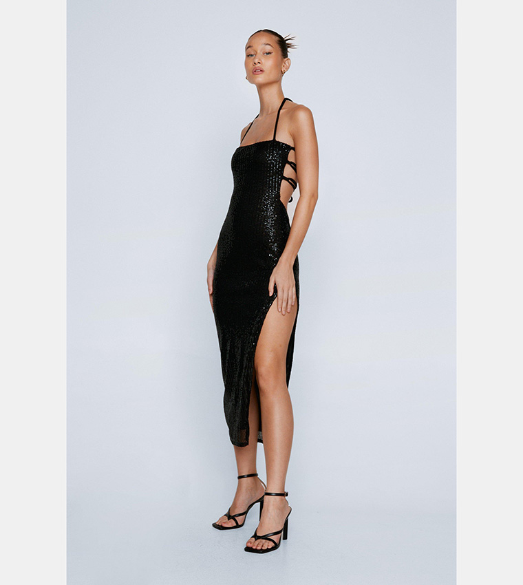 princess polly baby blue dress Buy Nasty Gal Sequin Bandeau Lace Up Back Midi Dress In Black