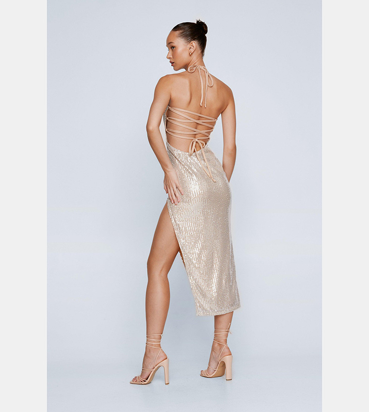 slim fit dress slacks Lost Thoughts Rose Gold Sequin Bandeau Two Piece Set main image 1