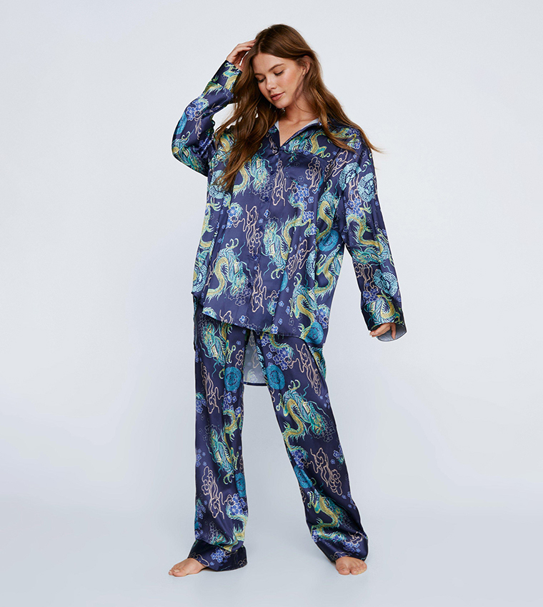 Buy Nasty Gal Satin Dragon Print Oversized Pajama Set In Navy 6thStreet UAE