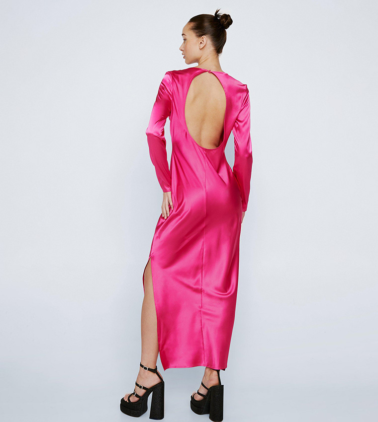Buy Nasty Gal Petite Satin Column Open Back Midi Dress In Hot Pink