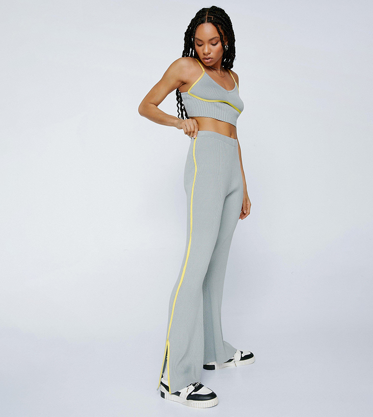 Buy Nasty Gal Contrast Piping Knitted Lounge Flared Pants In Grey
