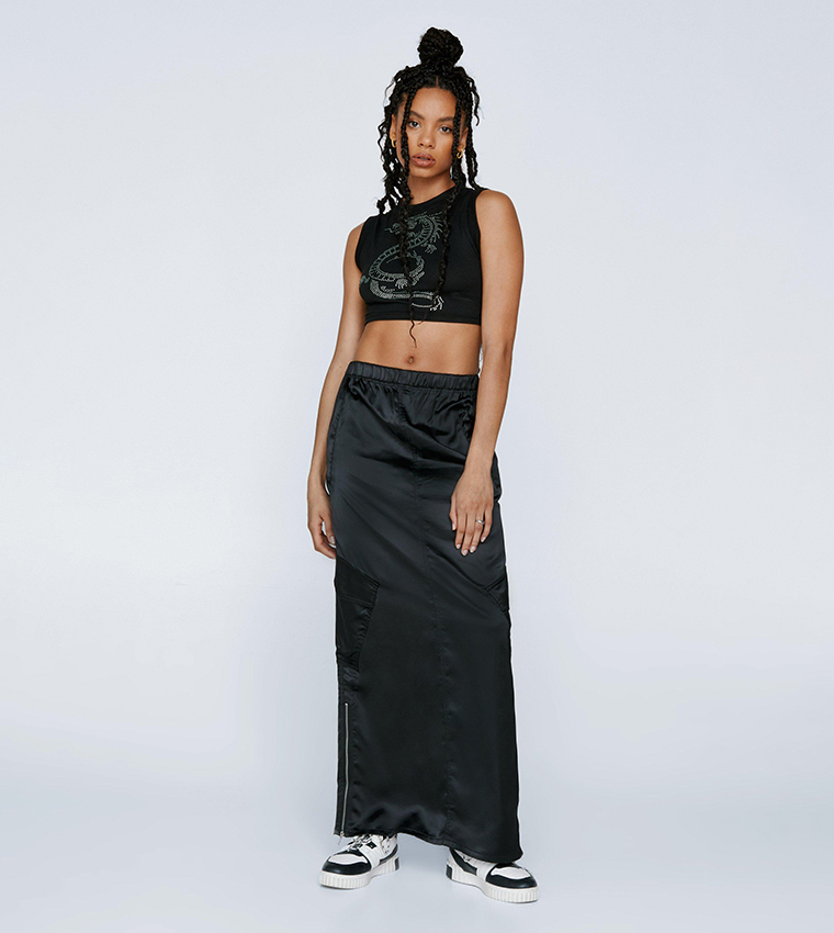 Buy Nasty Gal Satin Mid Rise Cargo Maxi Skirt In Black 6thStreet