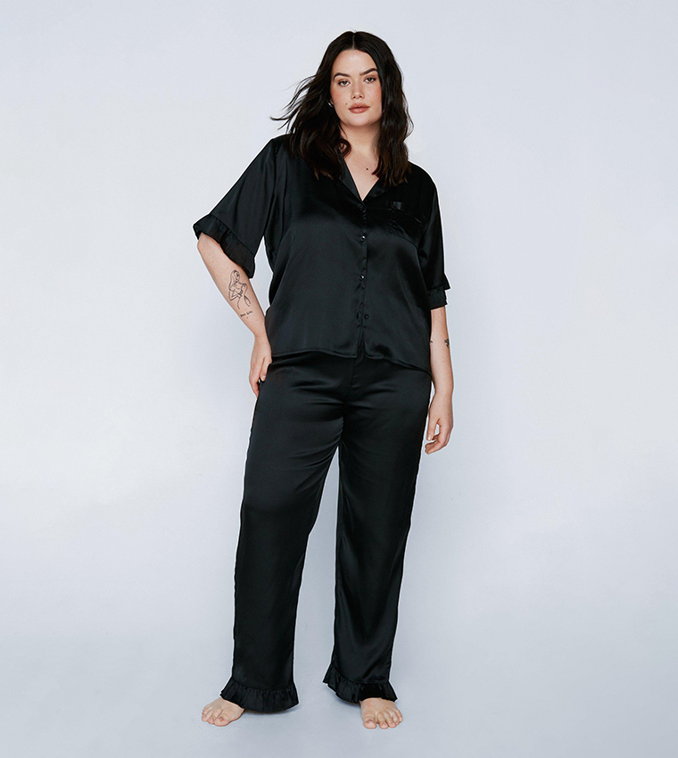 Buy Nasty Gal Satin Ruffle Pants Pajama Set In Black 6thStreet Qatar