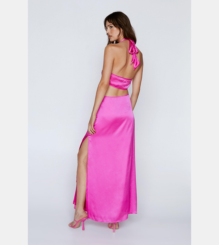 nasty gal pink maxi dress Pink Satin Lace Trim Maxi Dress