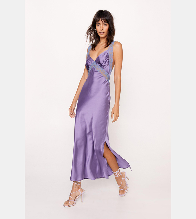 Lace Trim Satin Maxi Dress