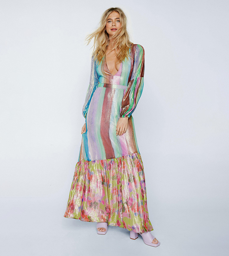 Buy Nasty Gal Petite Floral Border Print Open Back Metallic Maxi
