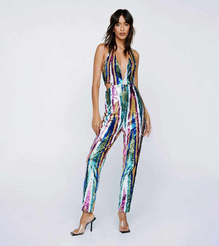 Buy Nasty Gal Stripe Sequin Halterneck Cut Out Jumpsuit In Pink