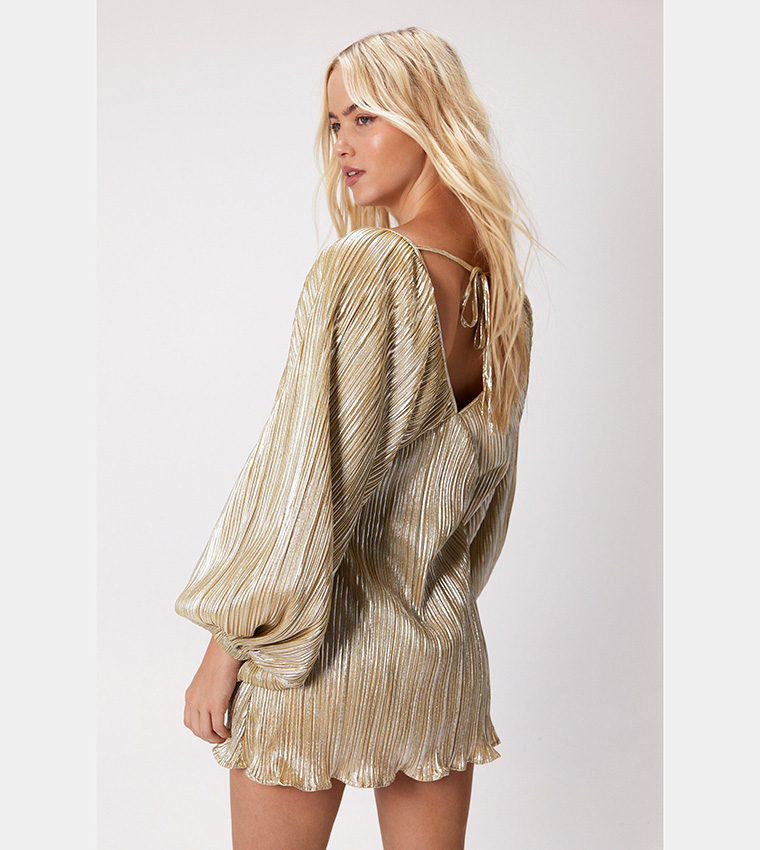 metallic pleated balloon sleeve mini dress Metallic Jacquard Balloon Sleeve Mini Dress - Lena
