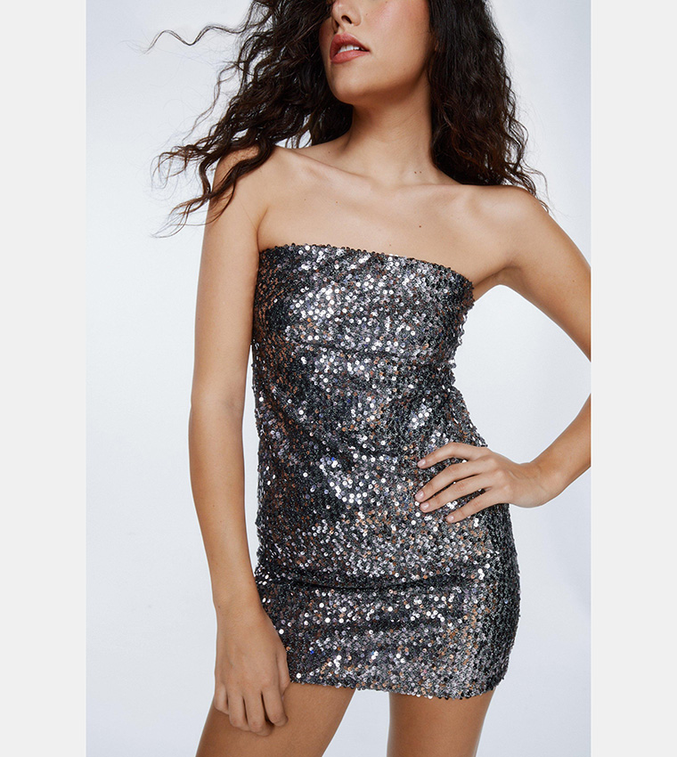 Buy Nasty Gal Bandeau Sequin Mini Dress In Silver | 6thstreet Bahrain