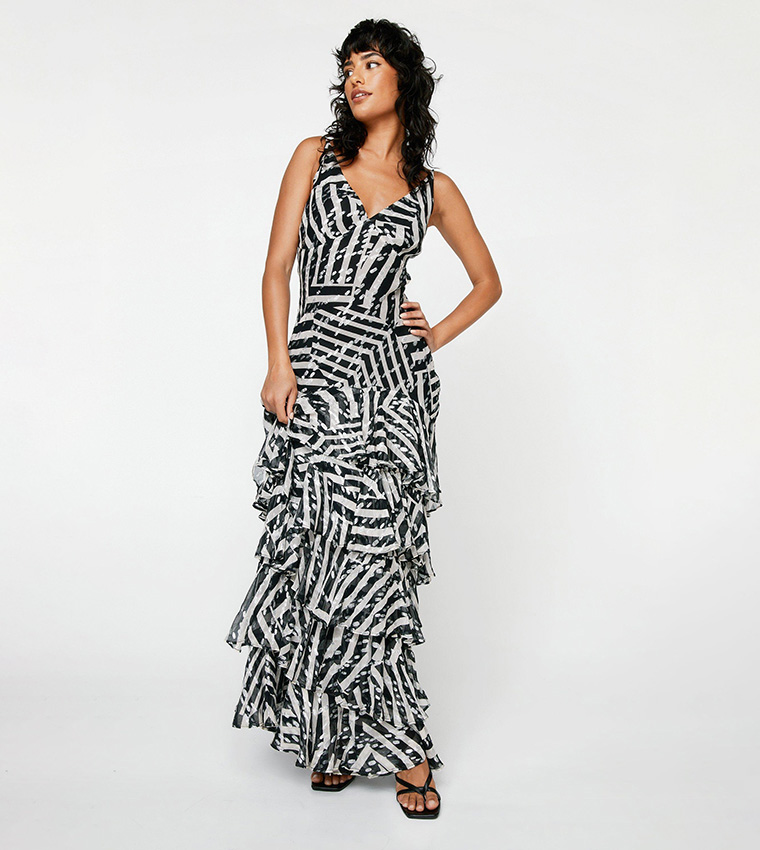 Buy Nasty Gal Strappy Ruffle Abstract Metallic Maxi Dress In Multiple  Colors