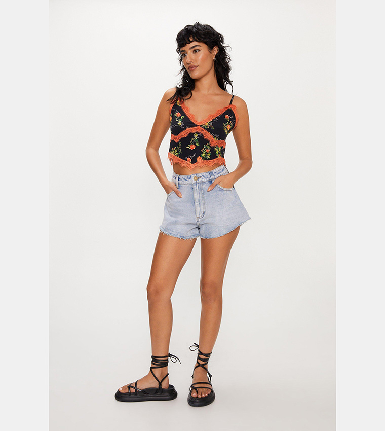 Floral Contrast Lace Trim Strappy Cropped Cami