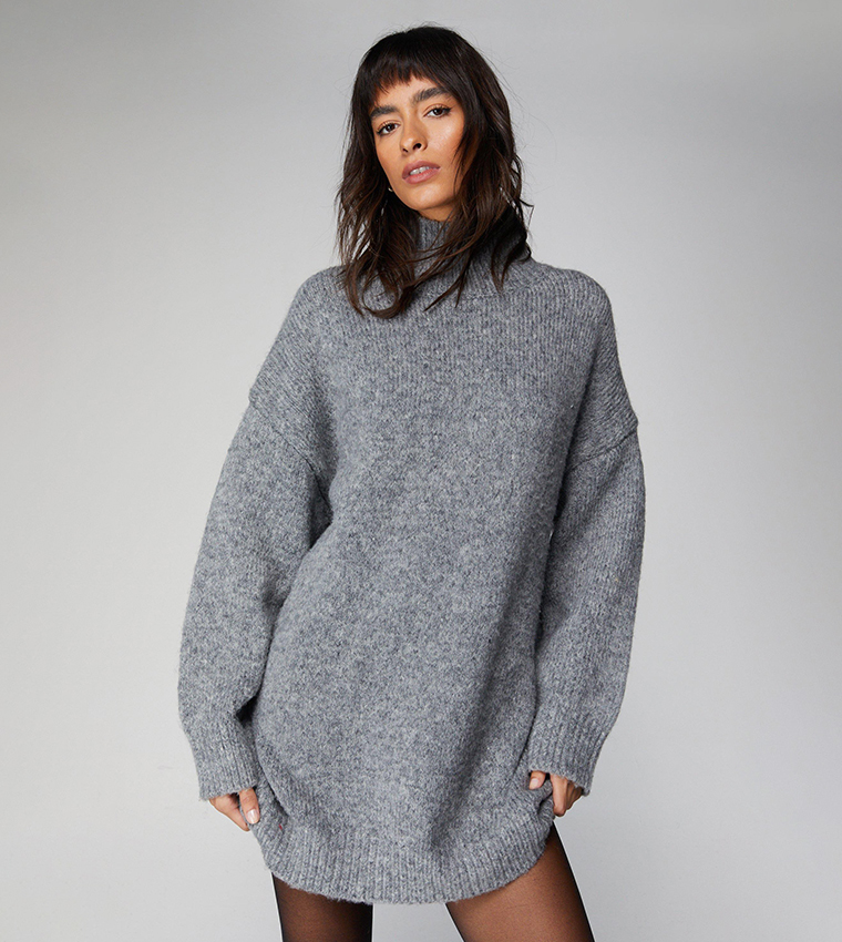 Buy Nasty Gal Brushed Knit Oversized Funnel Neck Sweater Dress In CHARCOAL  | 6thStreet Oman
