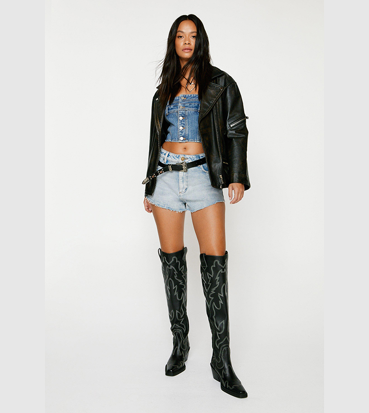 Black genuine leather discount knee high boots