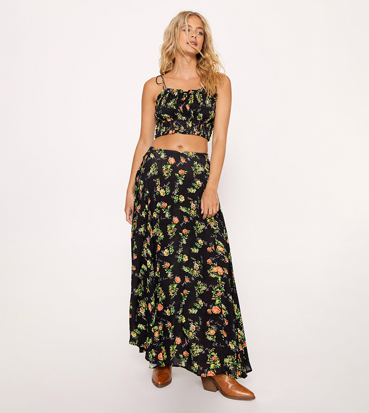 Buy Nasty Gal Floral Two Piece Set Tiered Crinkle Maxi Skirt In Black