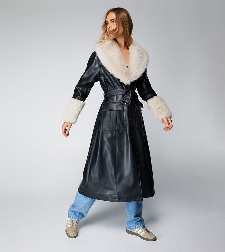 Full length leather shop coat with fur trim