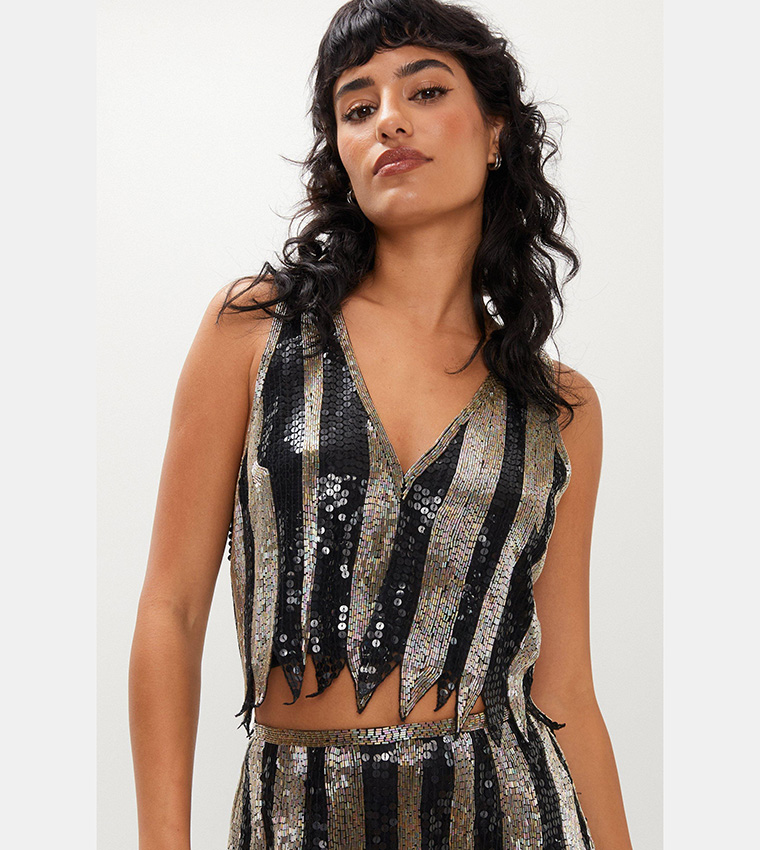 Stripe Embellished Two Piece Set Sequin Vest