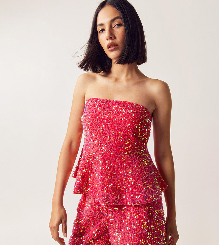 Buy Nasty Gal Velvet Sequin Two Piece Set Peplum Top In Coral