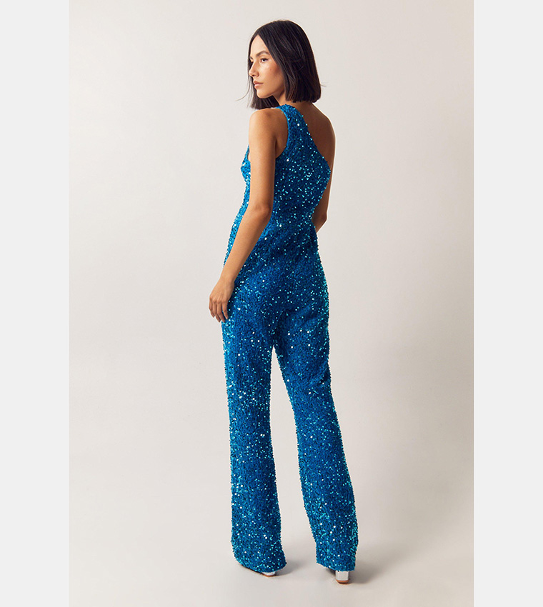 Buy Nasty Gal One Shoulder Sequin Flare Jumpsuit In Teal | 6thStreet Kuwait