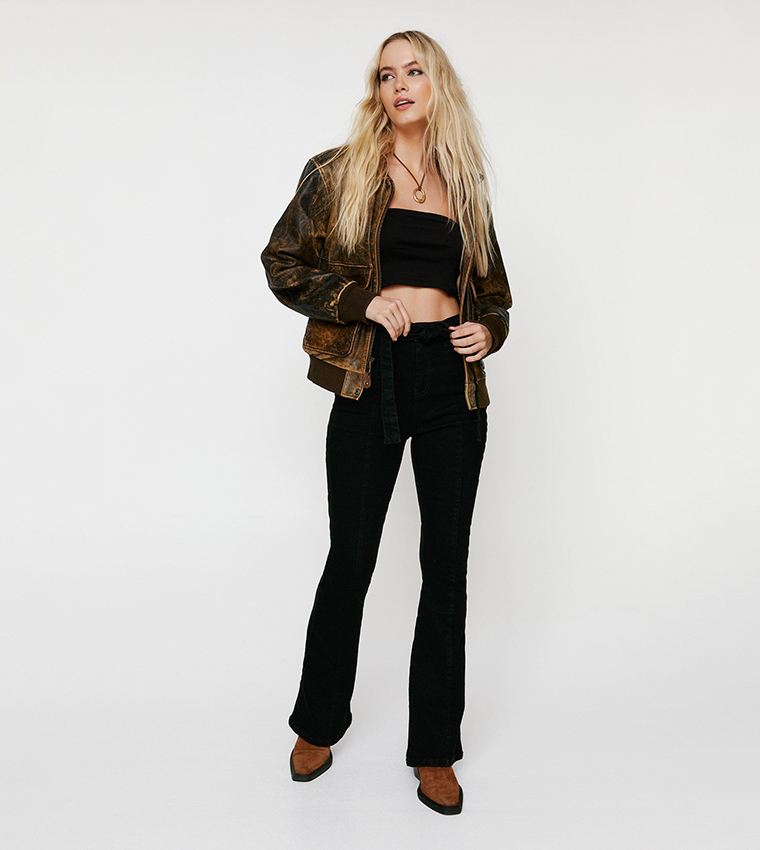 Buy Nasty Gal Seam Pintuck Belted Flared Jeans In Black