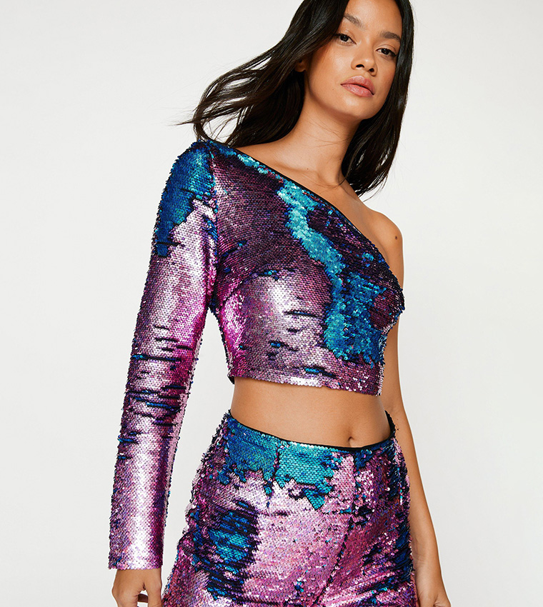 Buy Nasty Gal Mixed Sequin One Shoulder Top In Purple | 6thStreet UAE