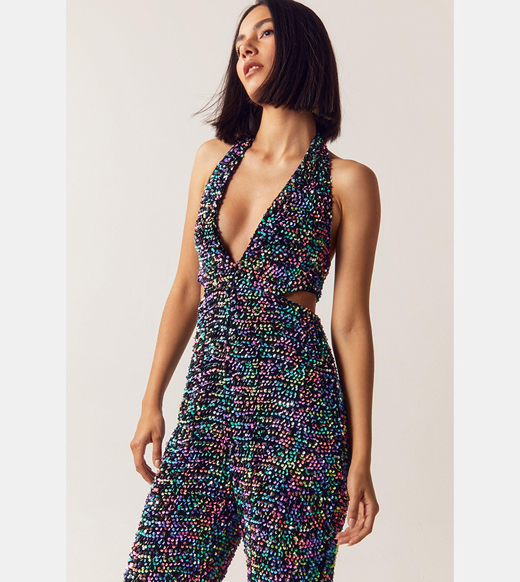 Buy Nasty Gal Neon Sequin Velvet Cut Out Halter Neck Jumpsuit In Black |  6thStreet Qatar