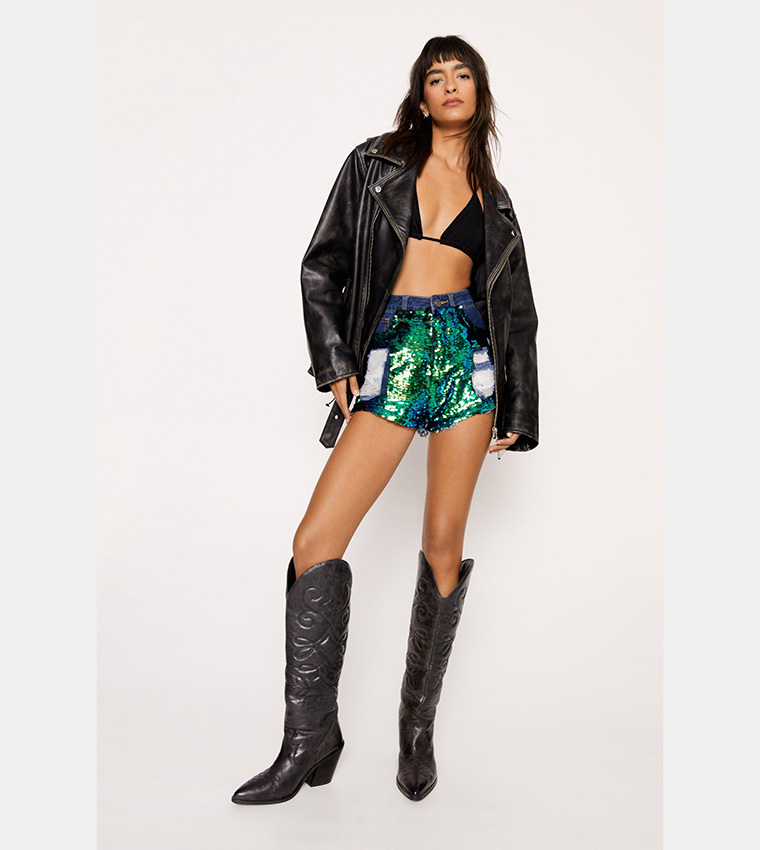 Buy Nasty Gal Sequin Denim Mom Fit Shorts In Blue