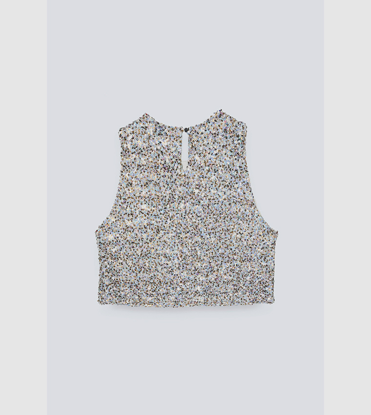 Buy Nasty Gal Metallic Textured Mixed Sequin Sleeveless Top In Silver ...