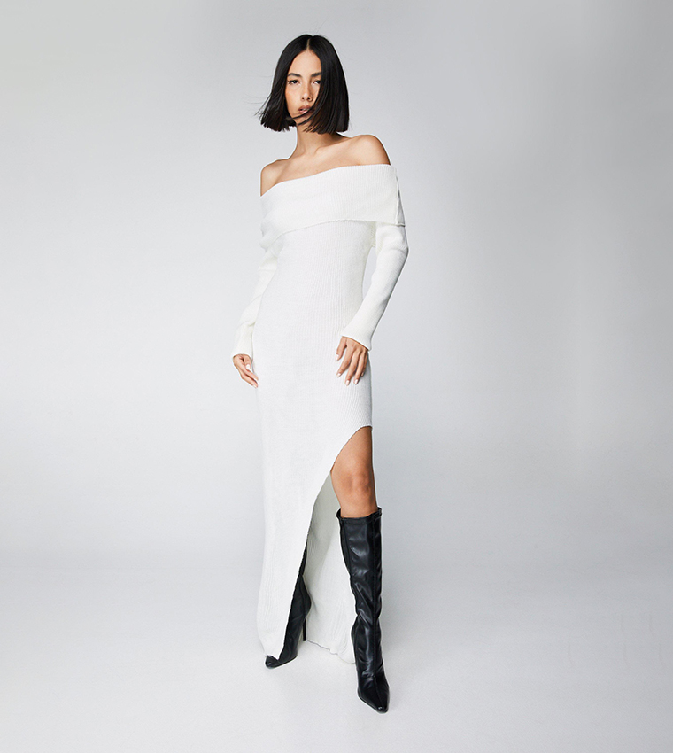 Buy Nasty Gal Bardot Knitted Maxi Dress With Slit In White 6thStreet UAE