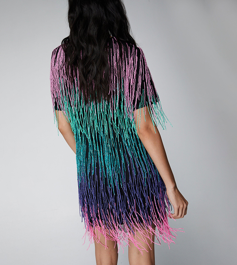 rainbow sequin tassel dress Indy V Neck Rainbow Crystal Fringe Mini Dress