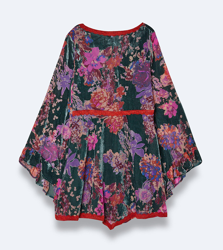Lace Trim Floral Devore Flare Sleeve Mini Dress