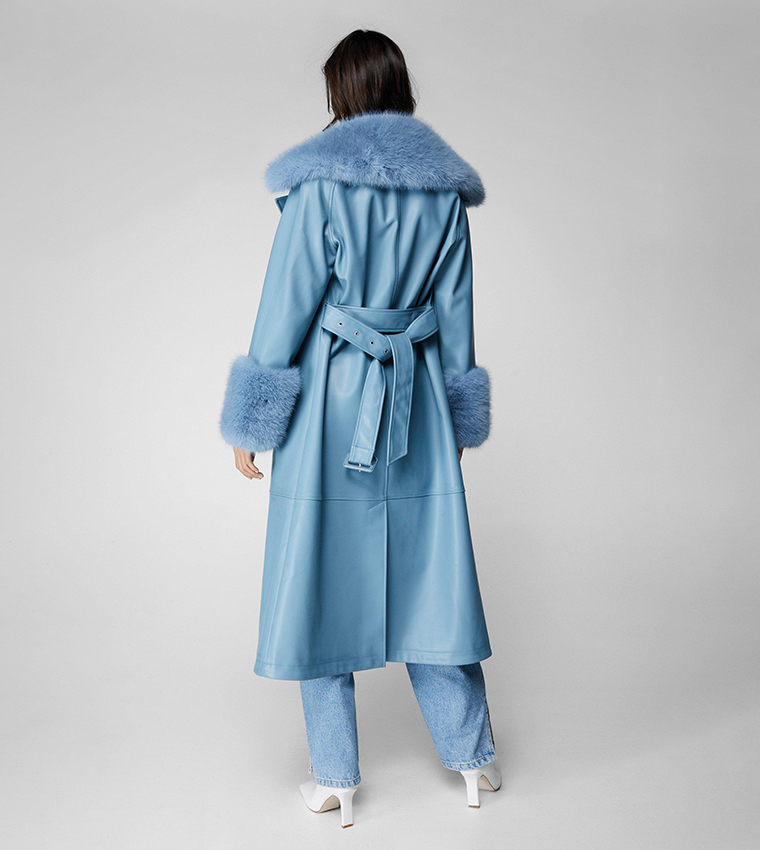 Buy Nasty Gal Plush Fur Trim Belted Faux Leather Coat In Blue