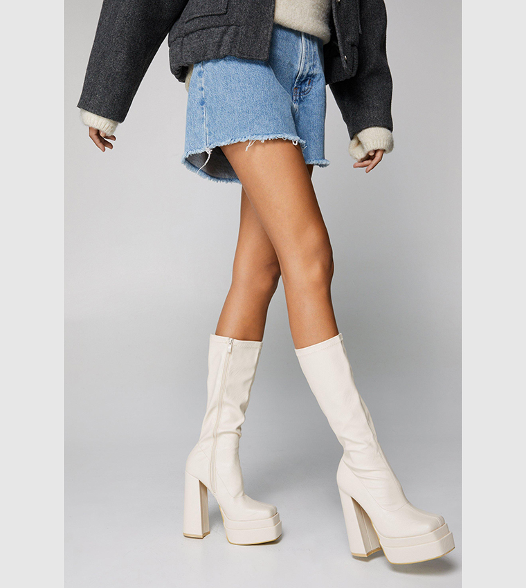 Buy Nasty Gal Faux Leather Platform Knee High Sock Boots In Cream 6thStreet Bahrain