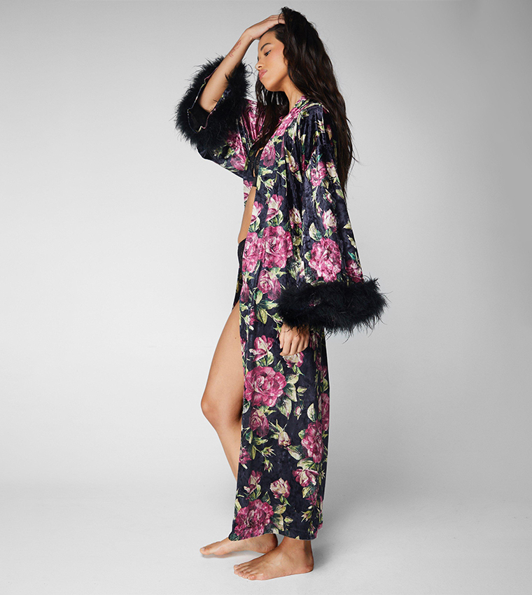 Buy Nasty Gal Floral Velvet Feather Trim Maxi Night Robe In Black 6thStreet Bahrain